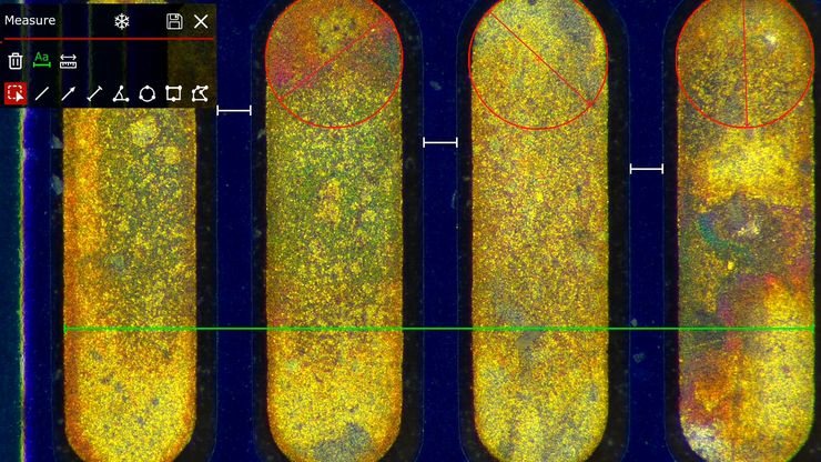Some 2D measurements, e.g., lengths and areas, made on a PCB sample with a Leica measurement microscope using the Enersight software.
