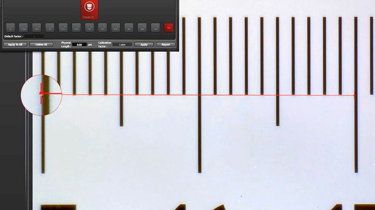 Example of calibrating a microscope at a higher magnification value using a stage micrometer. Example of calibrating a microscope at a higher magnification value using a stage micrometer.