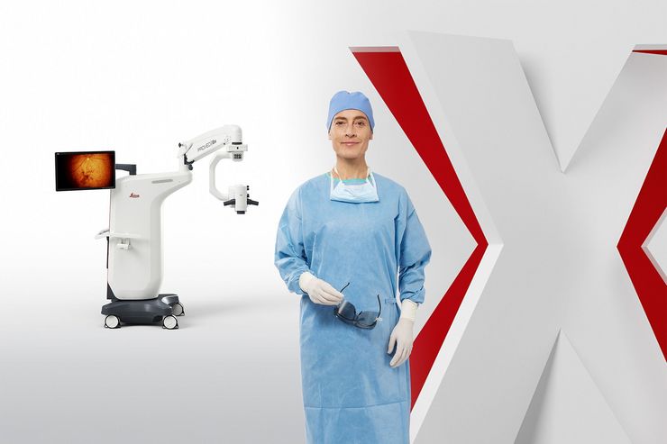 Proveo 8x 3D Digital Ophthalmic Microscope Teaser Ophthalmic surgeon with 3D glasses, Proveo 8x microscope in retina surgery, and Proveo 8x logo.